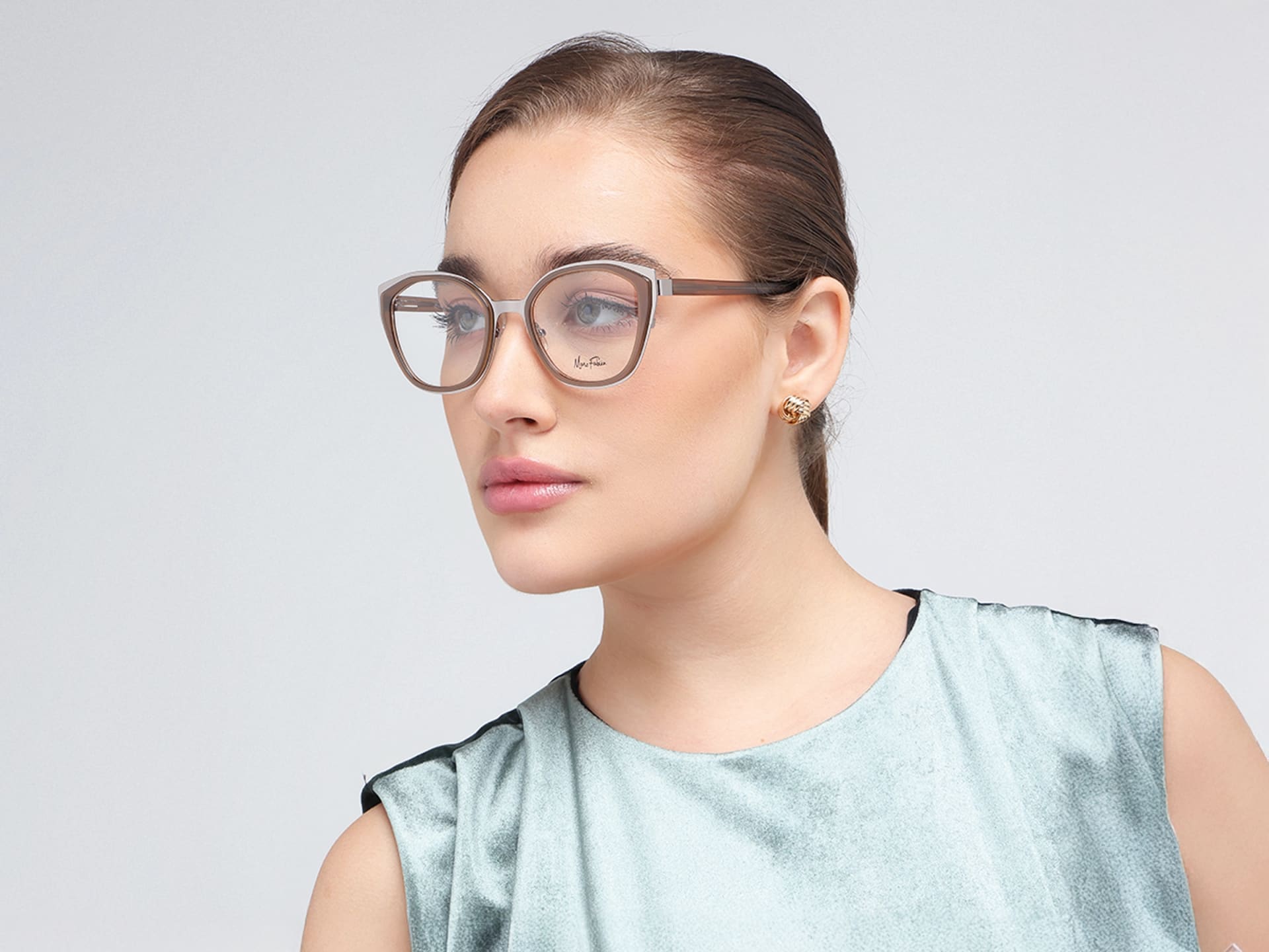 Silver & Beige Taupe Cat-eye Glasses-