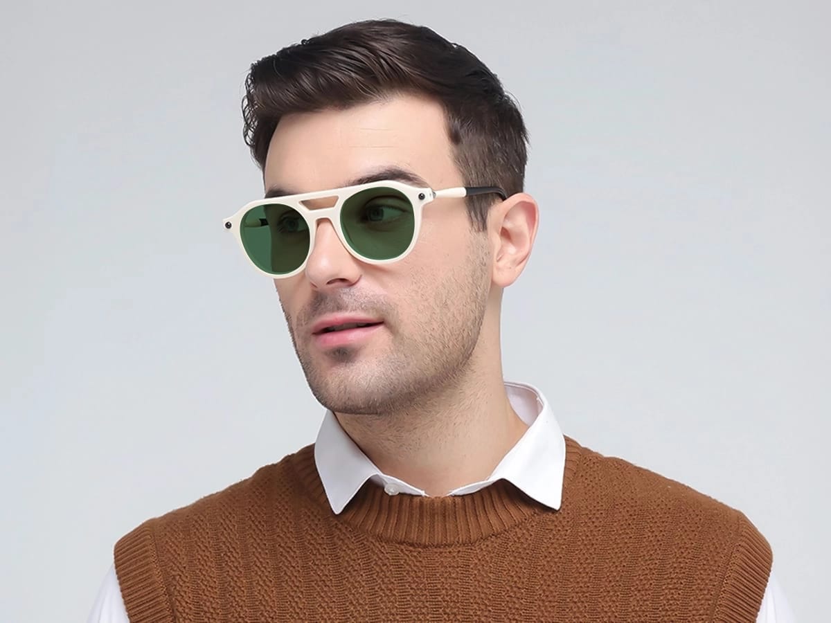 Creme White & Black Round Full-Rim Sunglasses