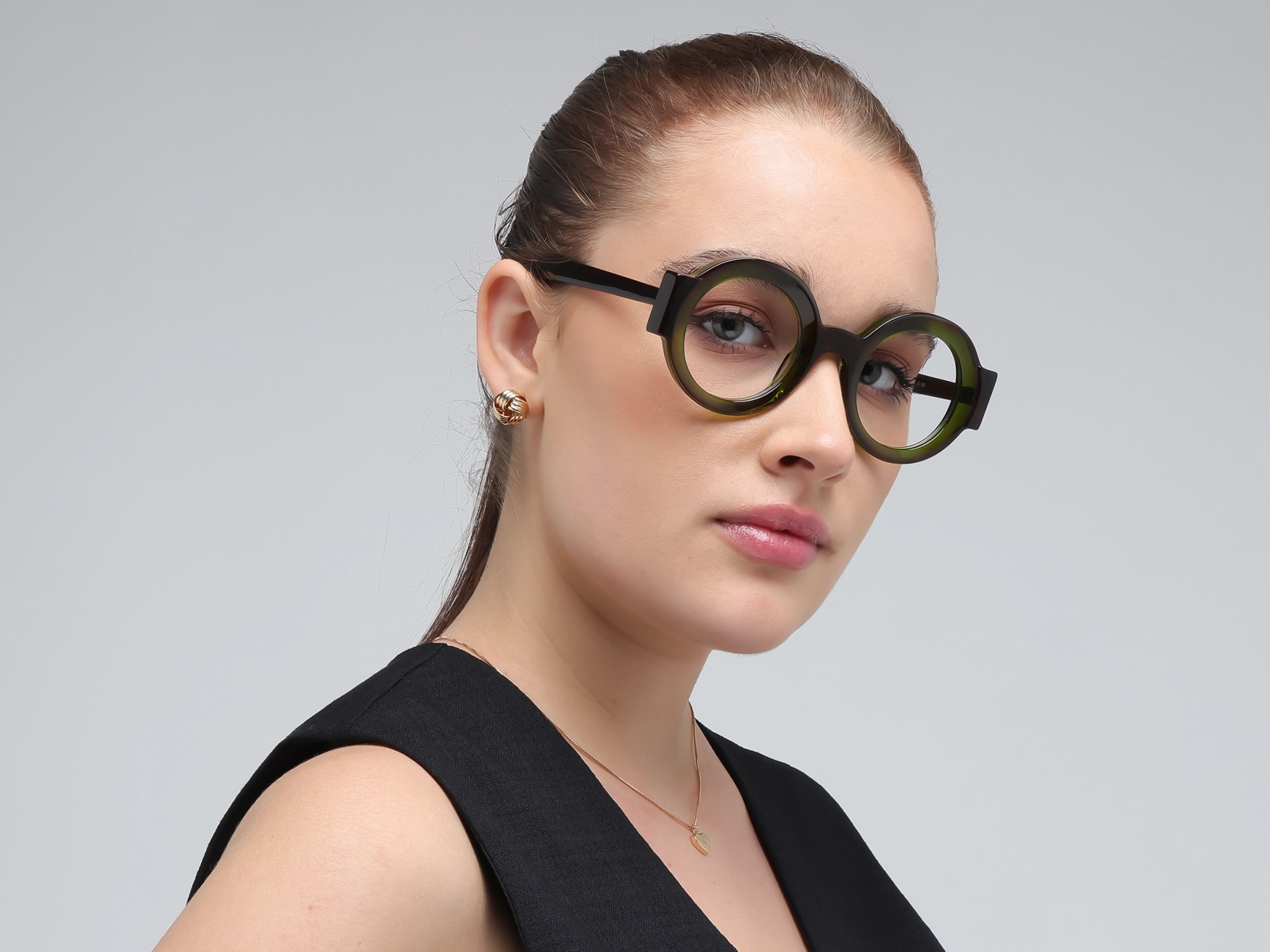 Crystal Olive Green Thick Round Glasses