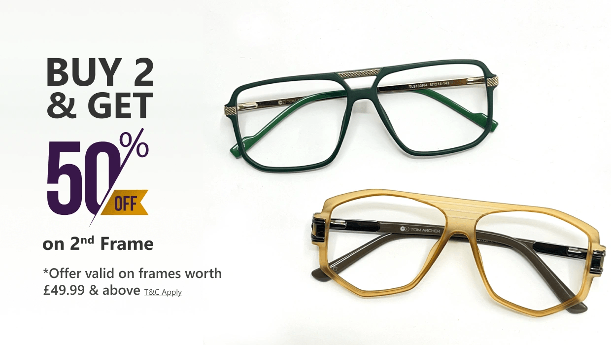 Banner promoting ‘Buy 2 & Get 50% Off on 2nd Frame’ offer, with bold black and yellow text and two pairs of stylish Specscart glasses, one in amber and one in tortoiseshell, displayed against a clean white background.