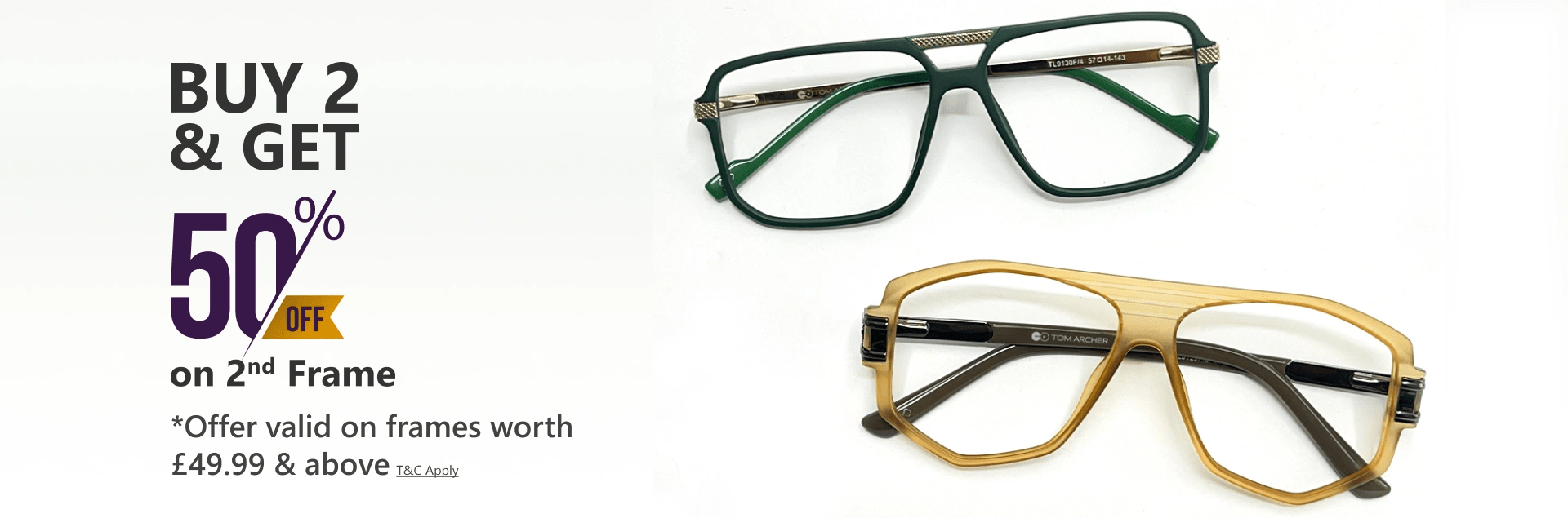 Banner promoting ‘Buy 2 & Get 50% Off on 2nd Frame’ offer, with bold black and yellow text and two pairs of stylish Specscart glasses, one in amber and one in tortoiseshell, displayed against a clean white background.