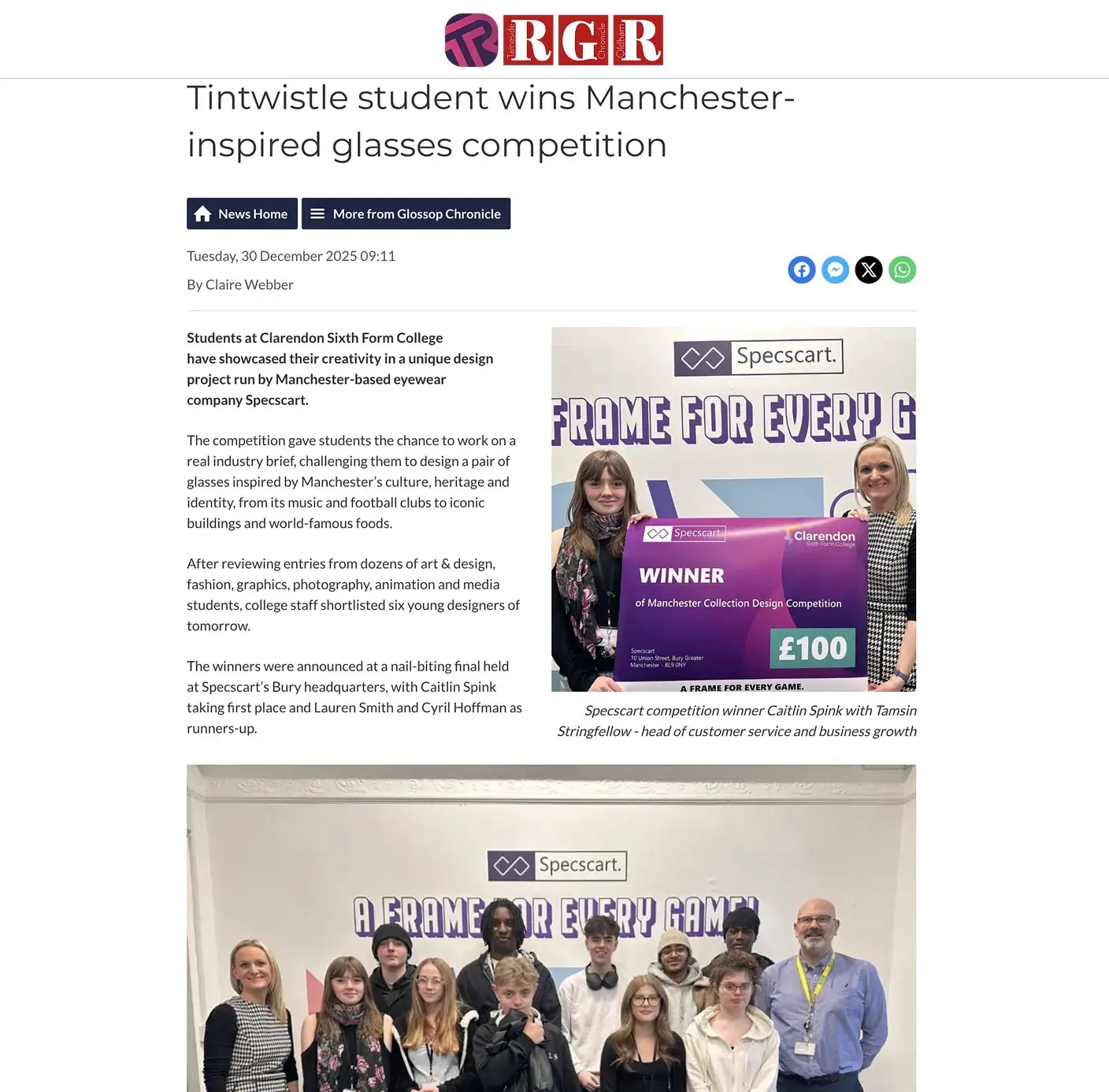 Tintwistle student wins Manchester-inspired glasses competition 