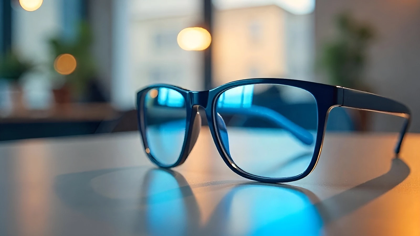 A pair of stylish blue light glasses rests on a smooth surface, catching soft reflections from a warmly lit room. The modern, minimal design reflects both functionality and fashion.