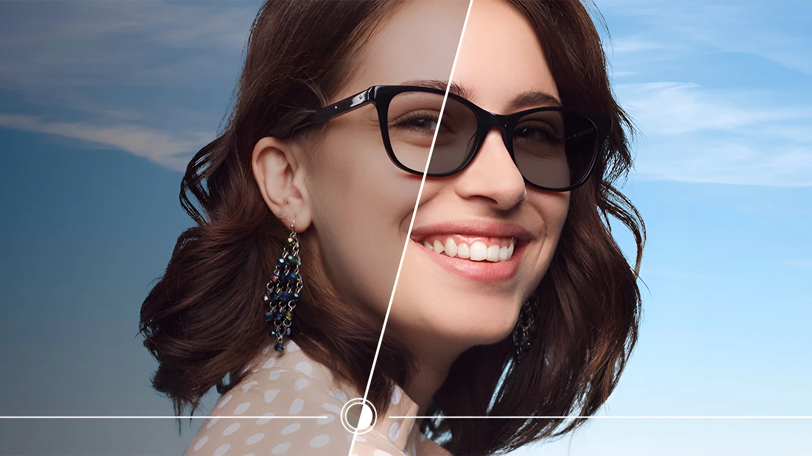 A smiling woman wearing black rectangular glasses, shown in a split view. Left side demonstrates clear indoor lenses, while right side darkens outdoors, illustrating transition lenses adapting to different lighting conditions against a bright blue sky.