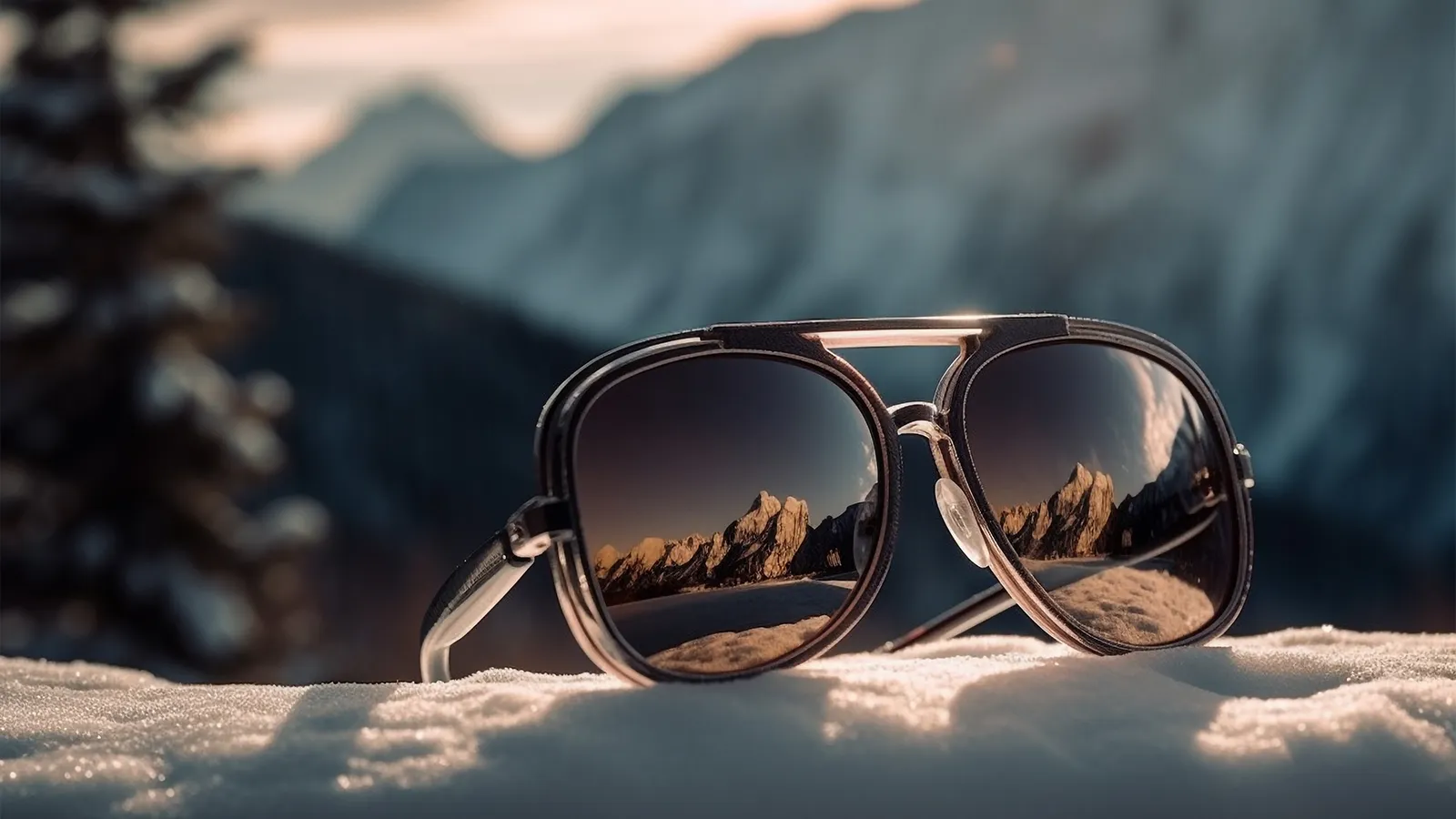 A close-up of a pair of pilot sunglasses lying on a bed of snow. The sunglasses' lenses are highly reflective, showing a clear reflection of a snowy, mountainous landscape with a bright sky.