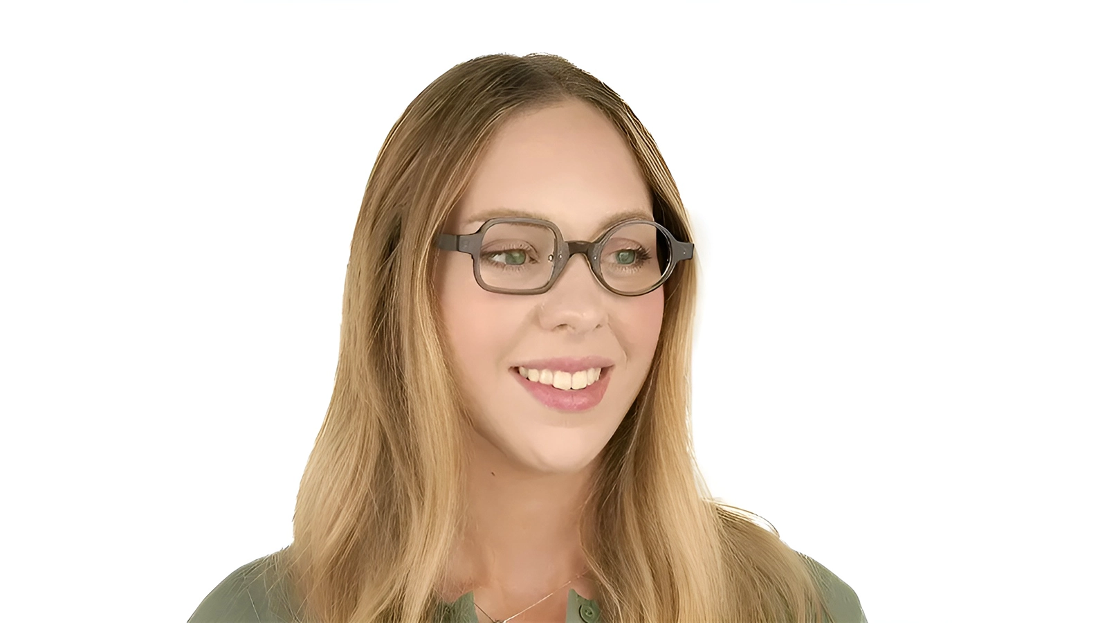 A smiling person with long, blonde hair is modelling a pair of eyeglasses with an unusual frame design. The frames are a dark colour, and the lenses are a mix of square and round shapes, with a white background.