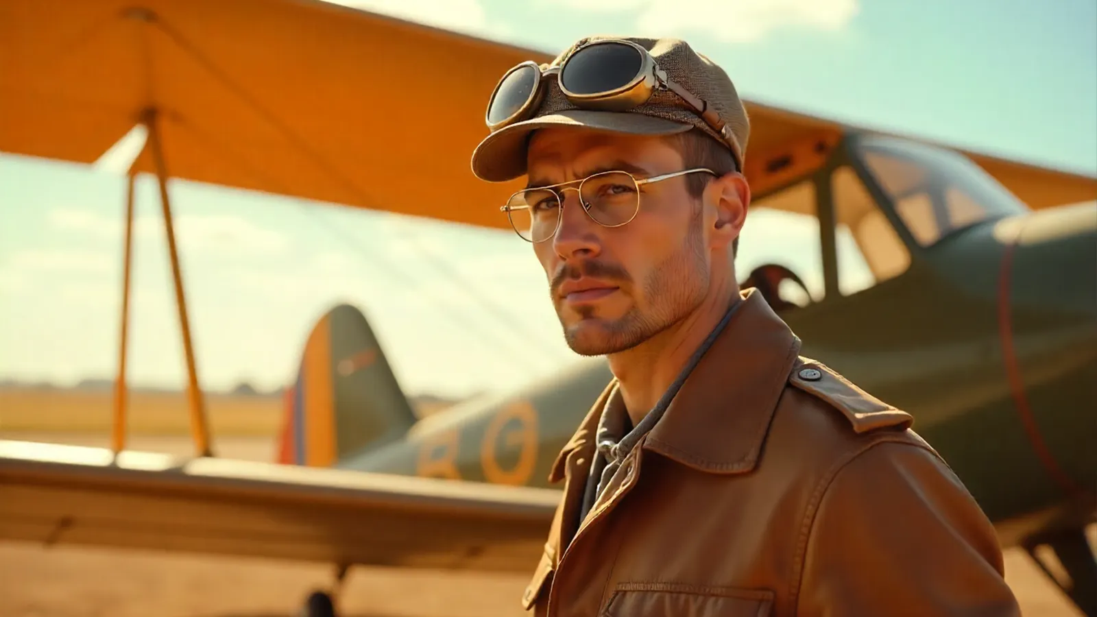 A man is standing in front of an open aircraft wearing a beige jacket. He is wearing pilot glasses and an aviator hat. He has a frowning expression on his face.