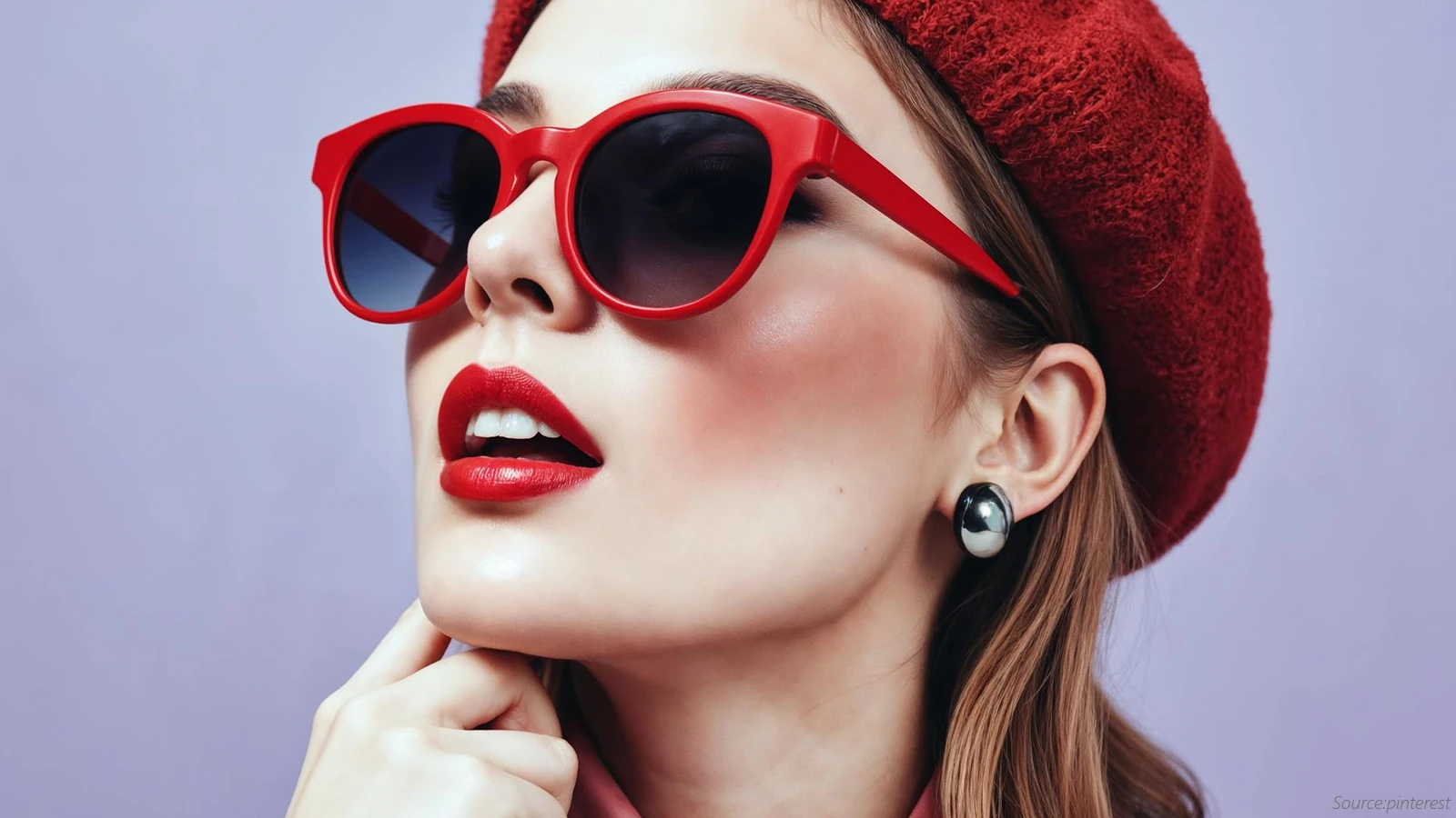 This vibrant close-up features a woman with bold red lipstick and a red beret. She is wearing striking red-framed, round sunglasses with dark, gradient lenses, complemented by a large, silver dome earring for a fashionable statement.