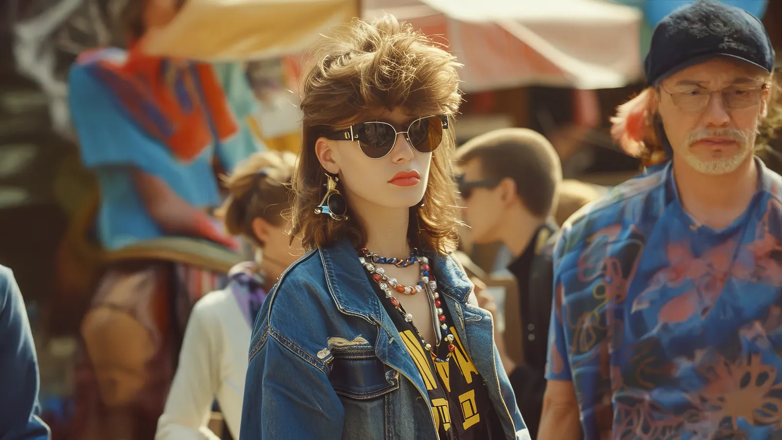 Serving pure 90s energy, bold cat-eye sunglasses meet voluminous hair, chunky statement jewellery, and a denim jacket that screams rebellion. This look captures the decade’s fearless spirit, where eyewear wasn’t just functional, it was the ultimate attitude accessory.