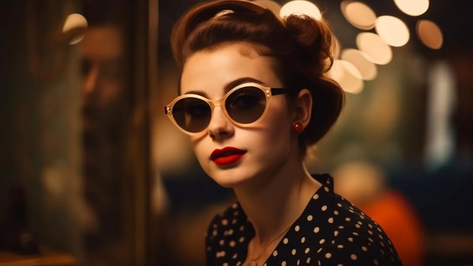This portrait shows a woman in a retro style with an updo, red lipstick, and red stud earrings. She is wearing a black polka-dot top and light-framed, round sunglasses, evoking a vintage 1950s look.
