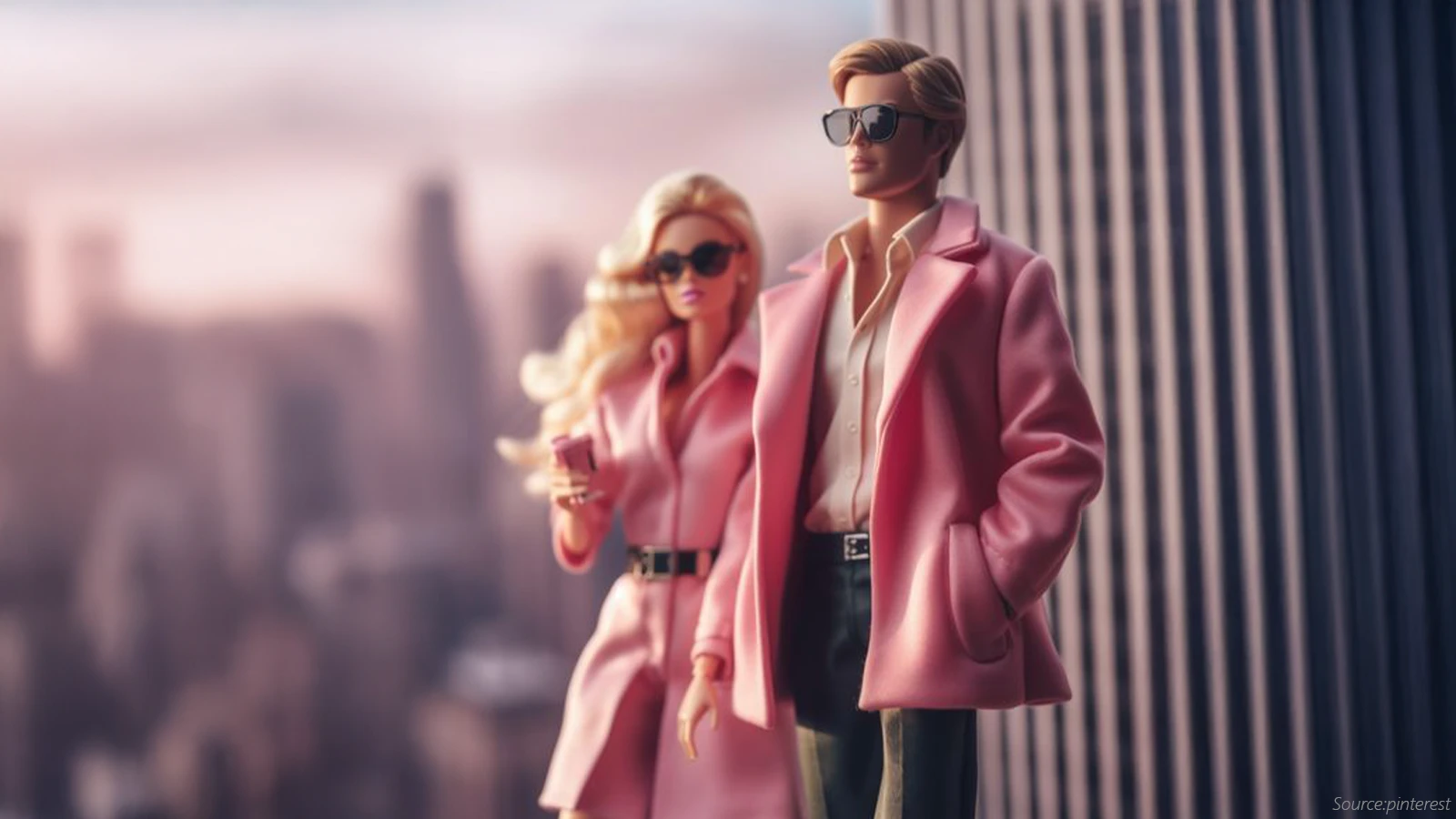 Stylish Barbie and Ken dolls wearing matching pink coats and sunglasses, standing against a city skyline backdrop