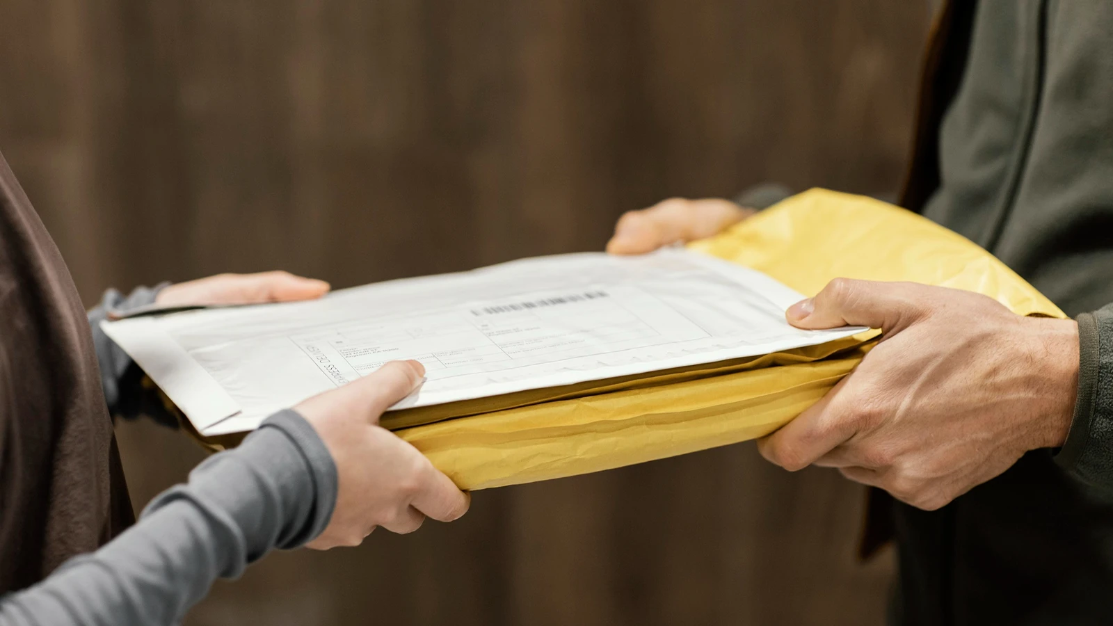 The image features a courier package in yellow with shipment details. It also has hands of two people exchanging the parcel.