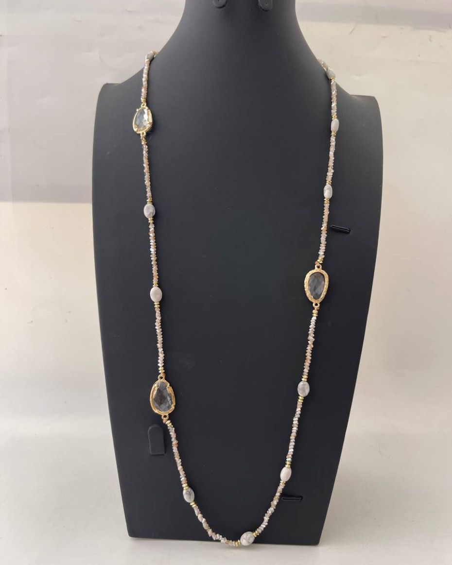 NUDE GEM STONE LONG NECKLACE