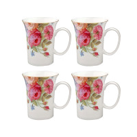 Gracie Bone China, 10-Ounce Trumpet Mug, Pink Sandra's Rose - Set of 4