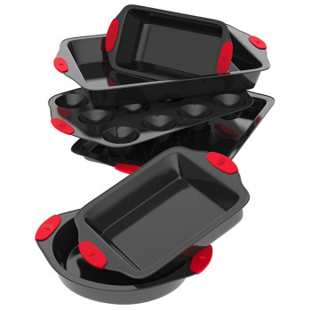 Vremi, Vremi, Nonstick Carbon Steel Metal Bakeware with Red Silicone Handles - 6 Piece