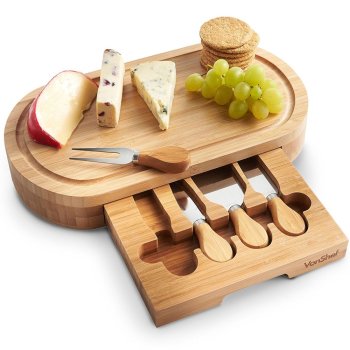 VonShef, Oval Slide Out Bamboo Cheese Board and 4 Piece Knife Set [Oval]