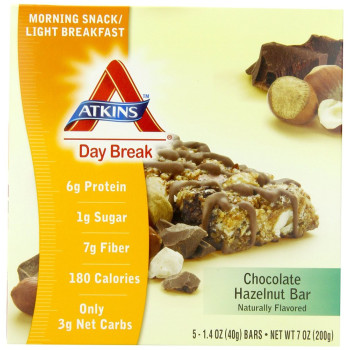 Atkins, Day Break, Morning Snack, Light Breakfast Chocolate Hazelnut Bar, 5 Bars - 1.4 oz (40 g) each