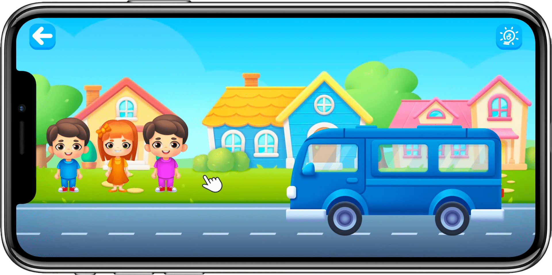 Bus activity with characters riding along a sunny road
