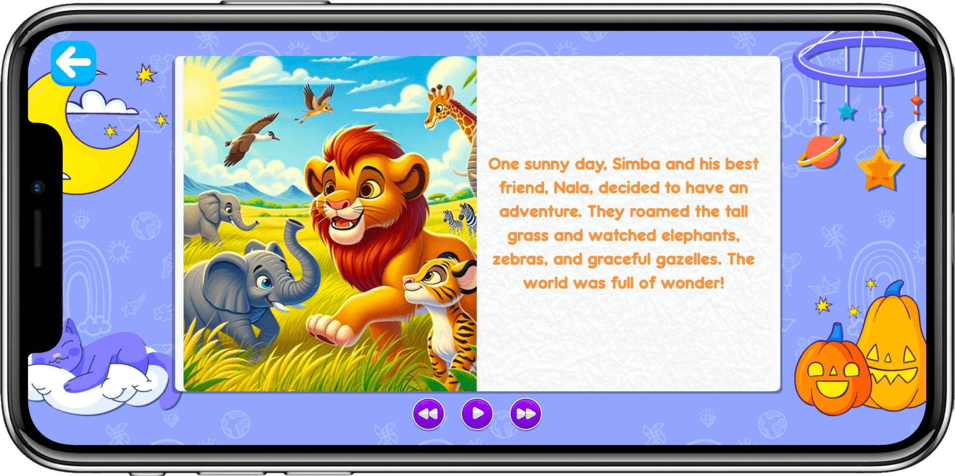 AI Story Book screen reading an illustrated safari story aloud with play controls