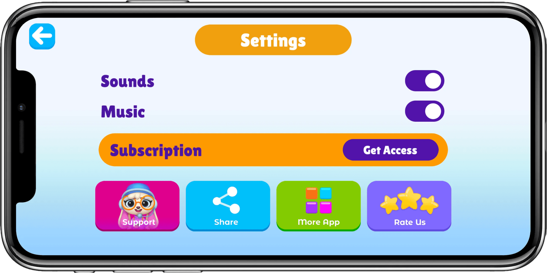 Settings screen with sound, music and grown-up options