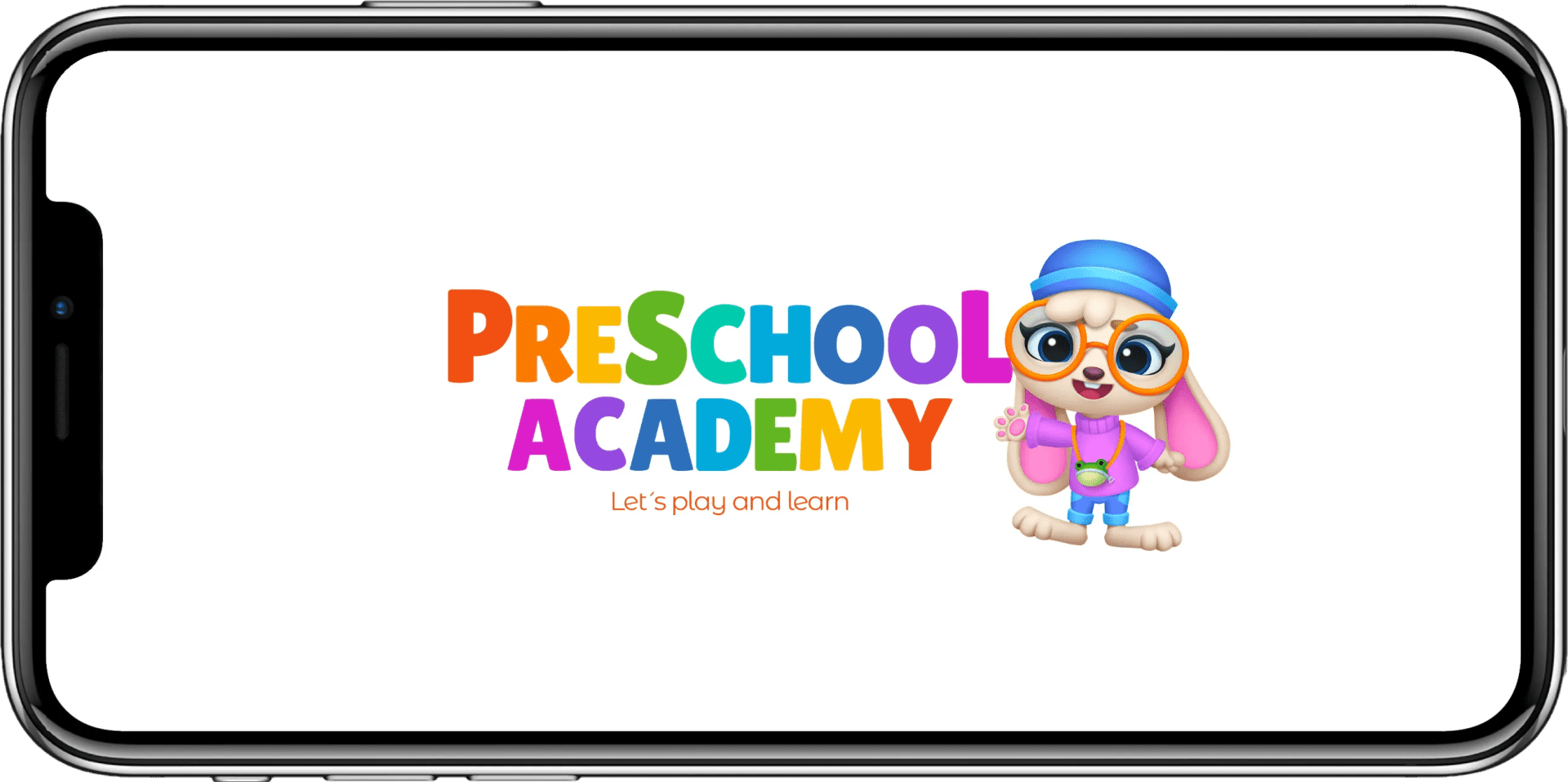App start screen with the rainbow Preschool Academy logo and the app's mascot waving