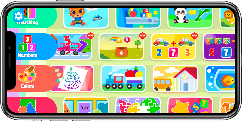 Preschool Kids home menu, learning activities and themed worlds laid out as a playful map