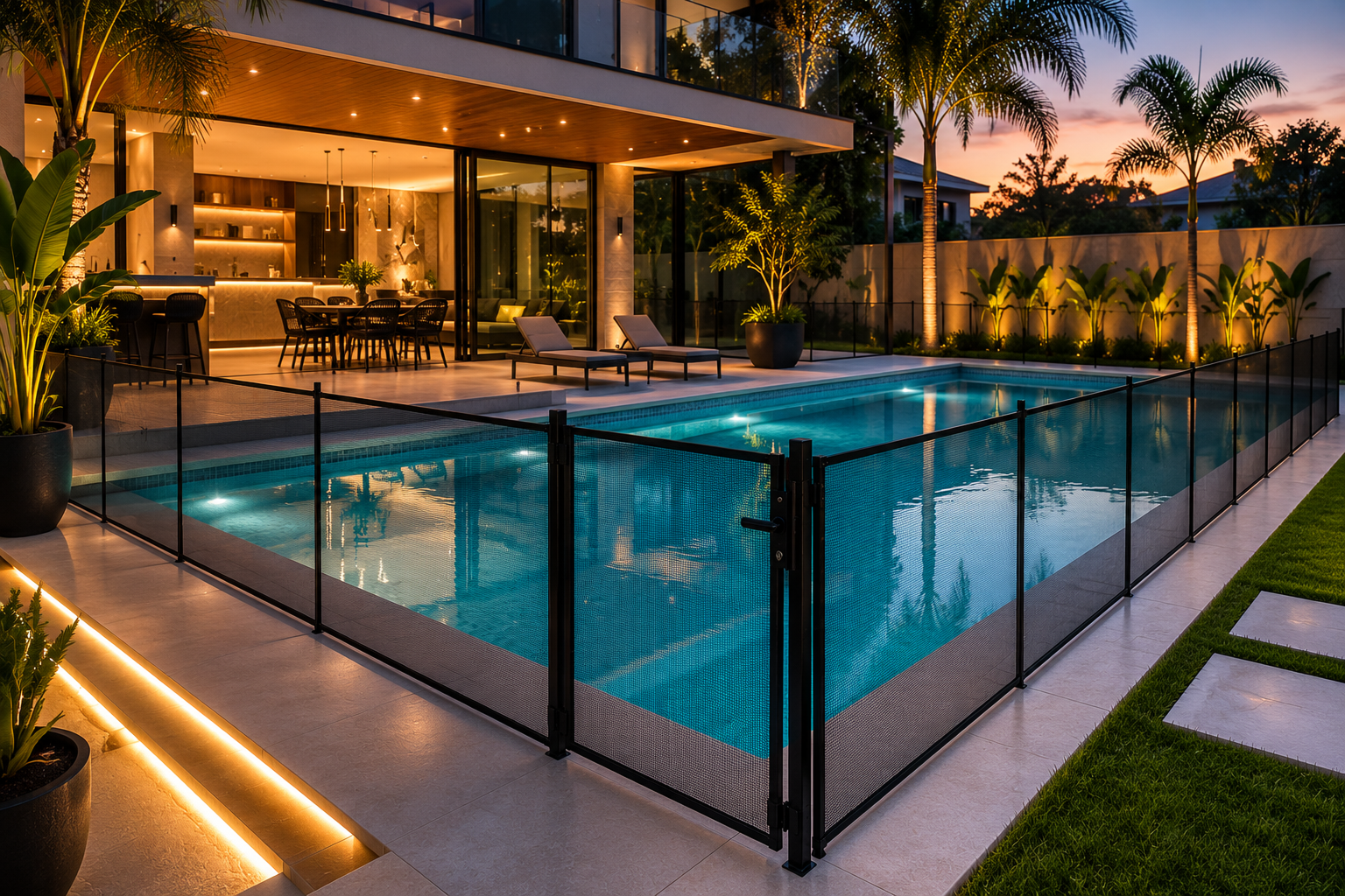 Piscina protegida com cerca de vidro