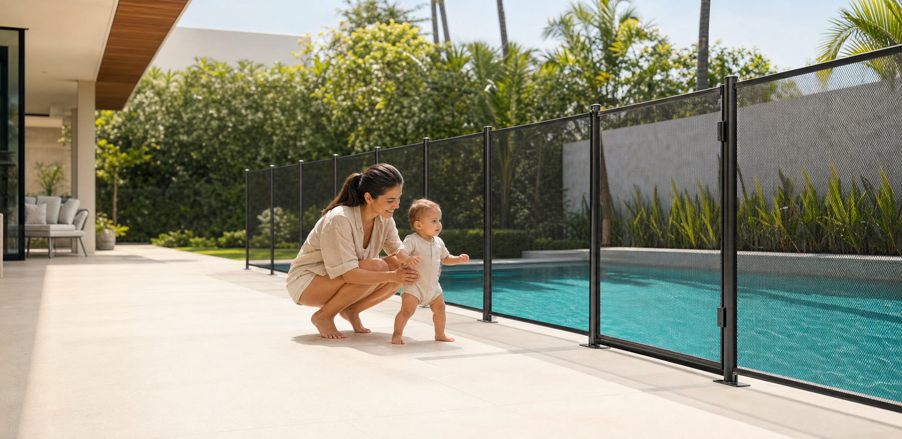 Mãe com bebê ao lado de cerca de proteção para piscina