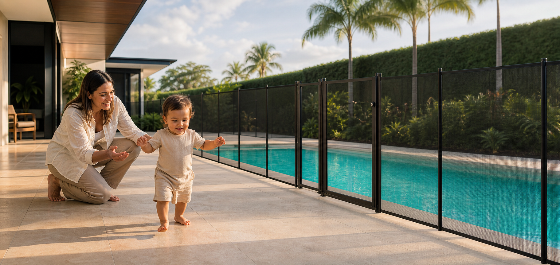 Mãe com bebê ao lado de piscina com cerca de proteção