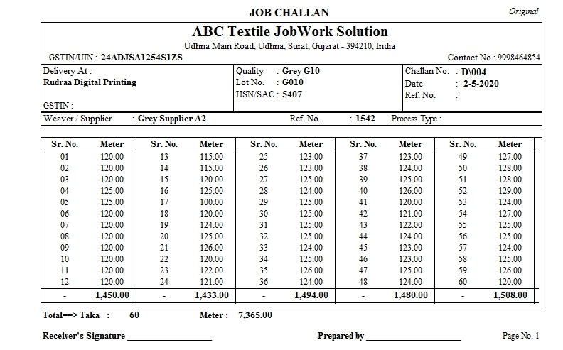 Textile Job Challan (Taka wise) — Tally add-on