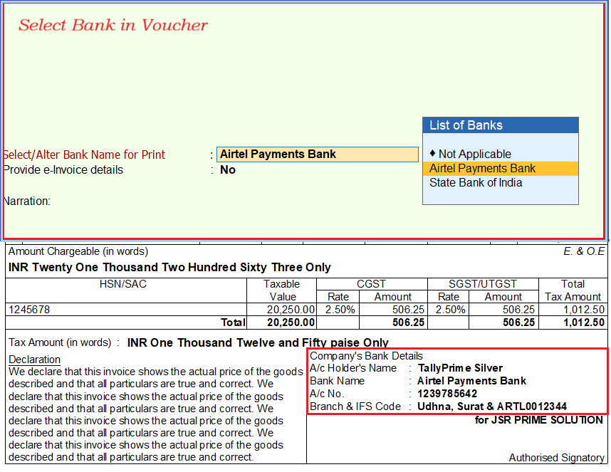 Print Voucher wise Bank Detail in Invoice — Tally add-on