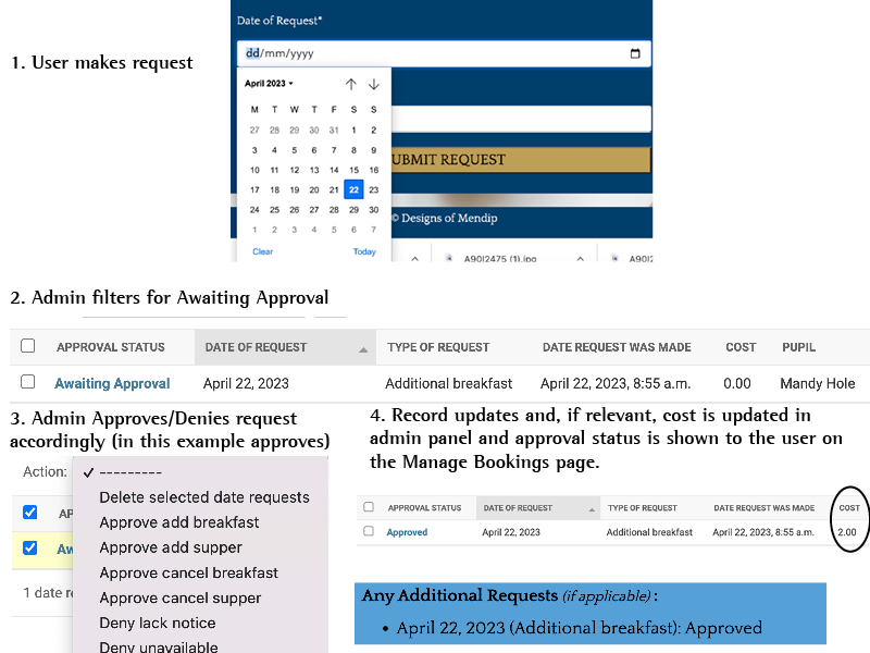 Screenshot of date picker and admin response