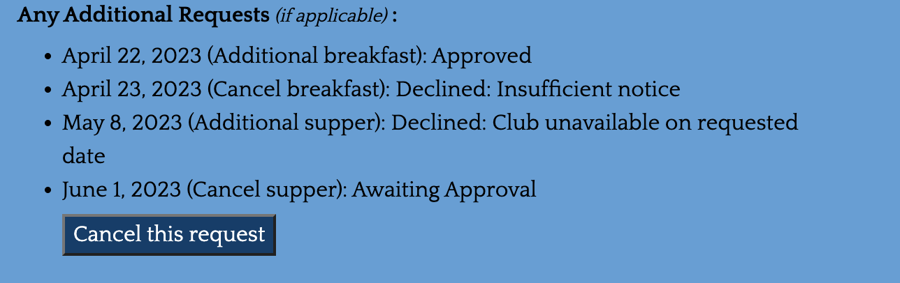 Screenshot of date approval status