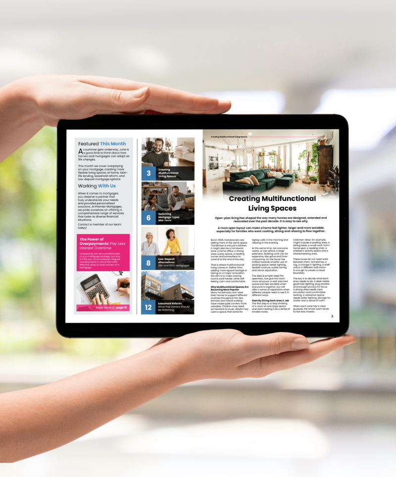 Monthly client newsletter — mortgage broker edition showing featured articles
