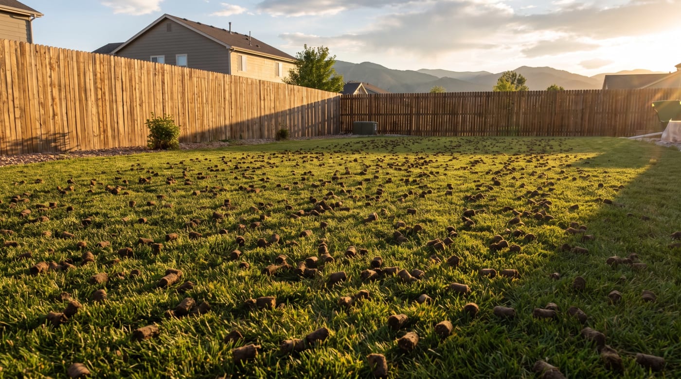 Cylindrical soil plugs across a lawn right after core aeration