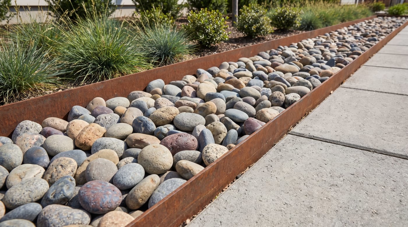 Decorative river rock bed with steel edging beside a walkway