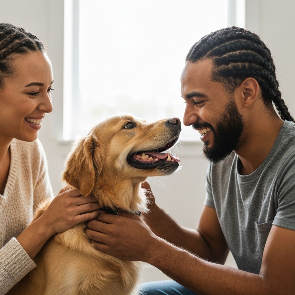 Happy adopted dog with loving family
