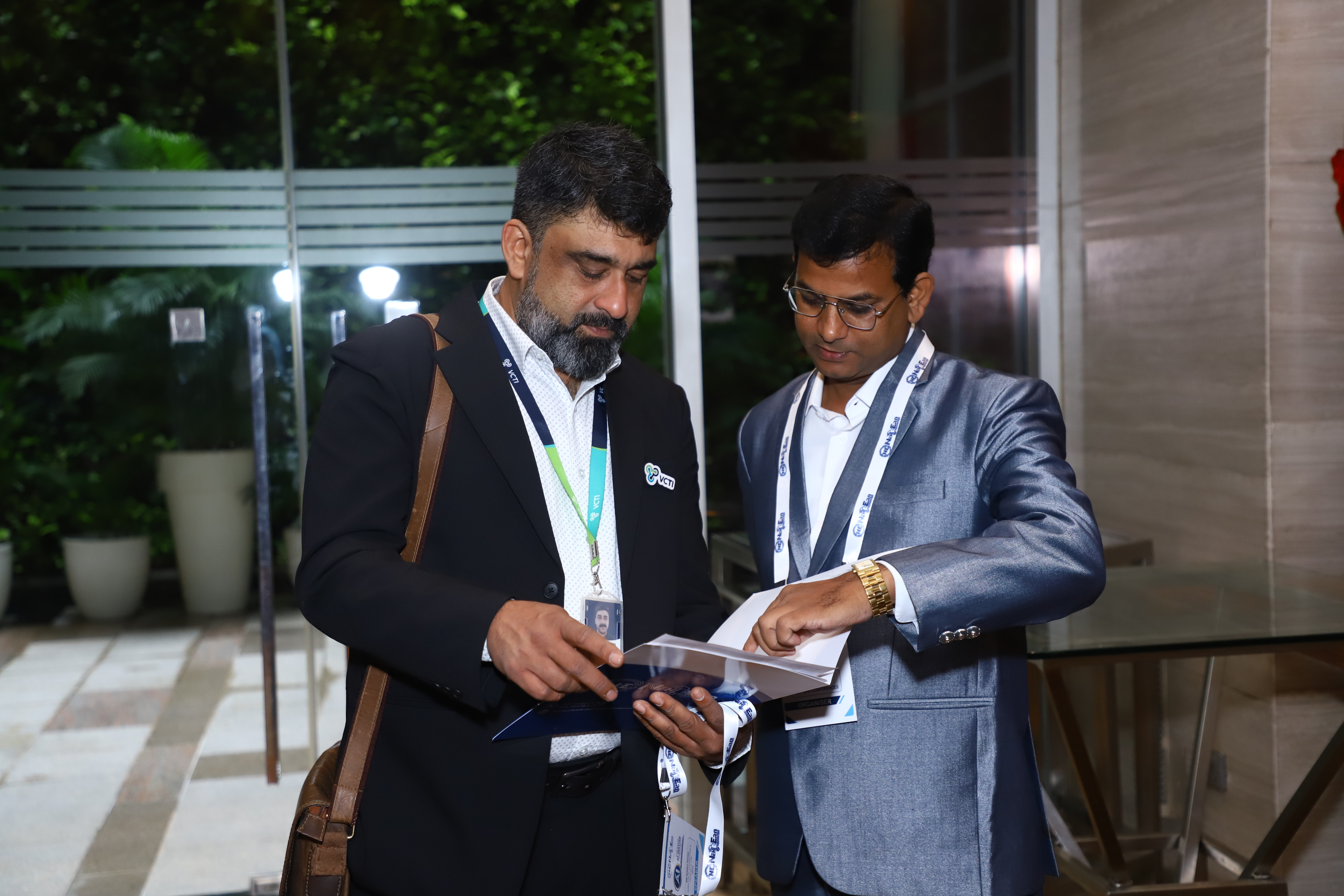 Professionals collaborating at a business event