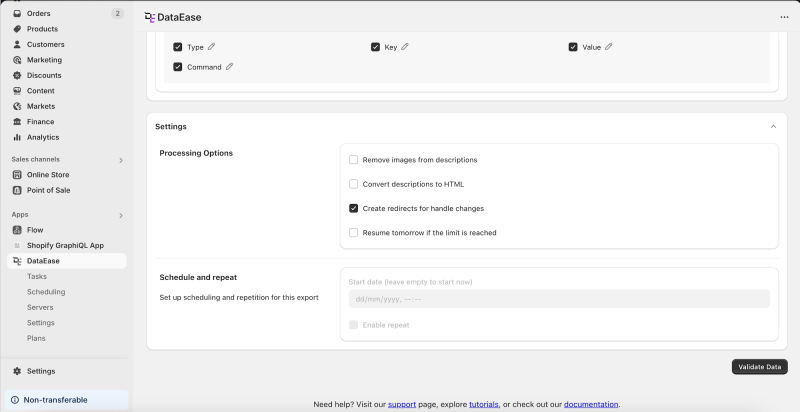 Import Settings DataEase