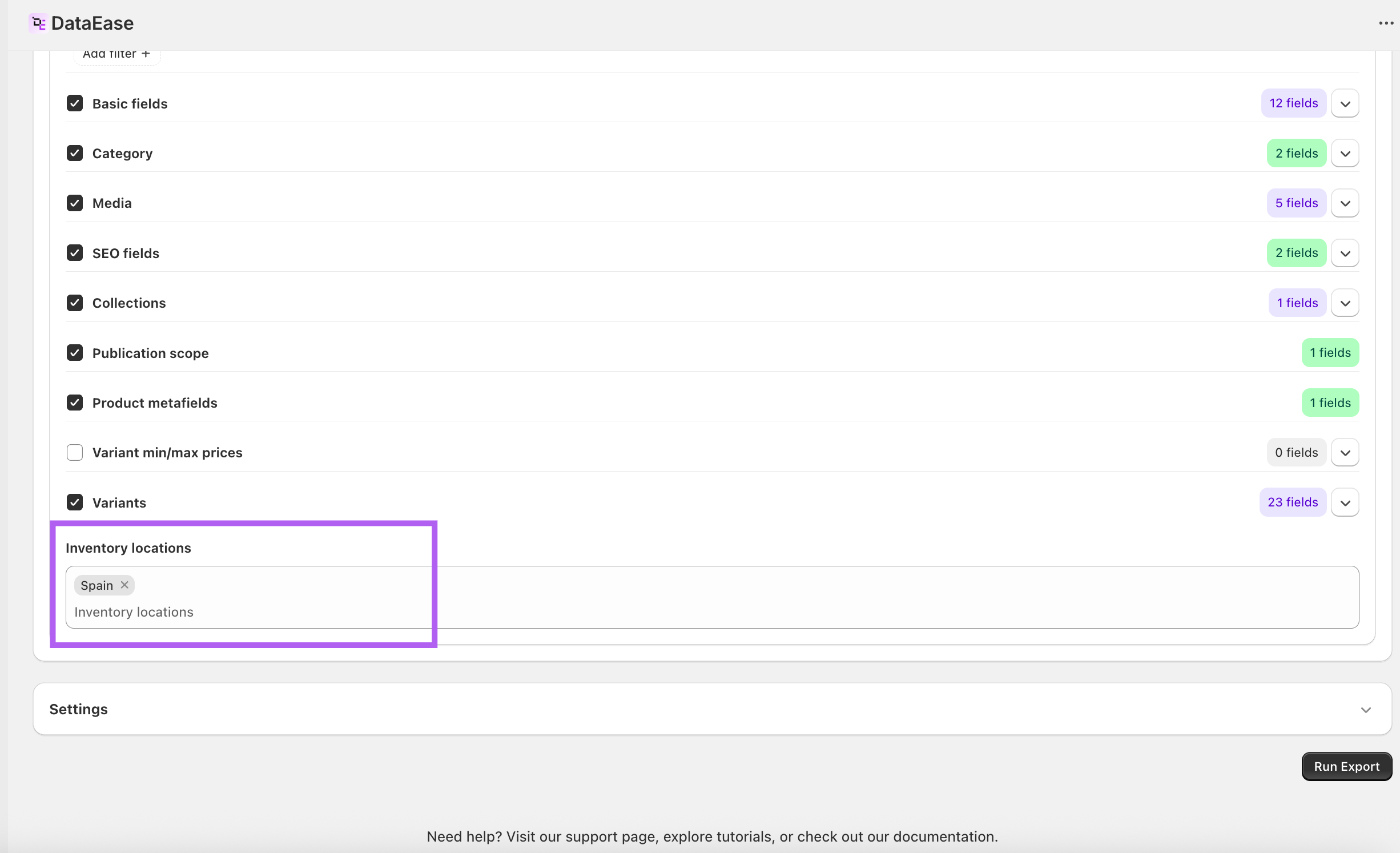 Dataease inventory location filter