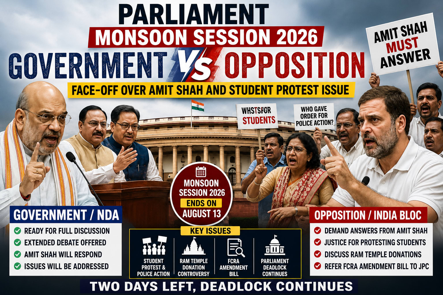 Government and Opposition face-off during Parliament Monsoon Session 2026 over Amit Shah and student protest issue