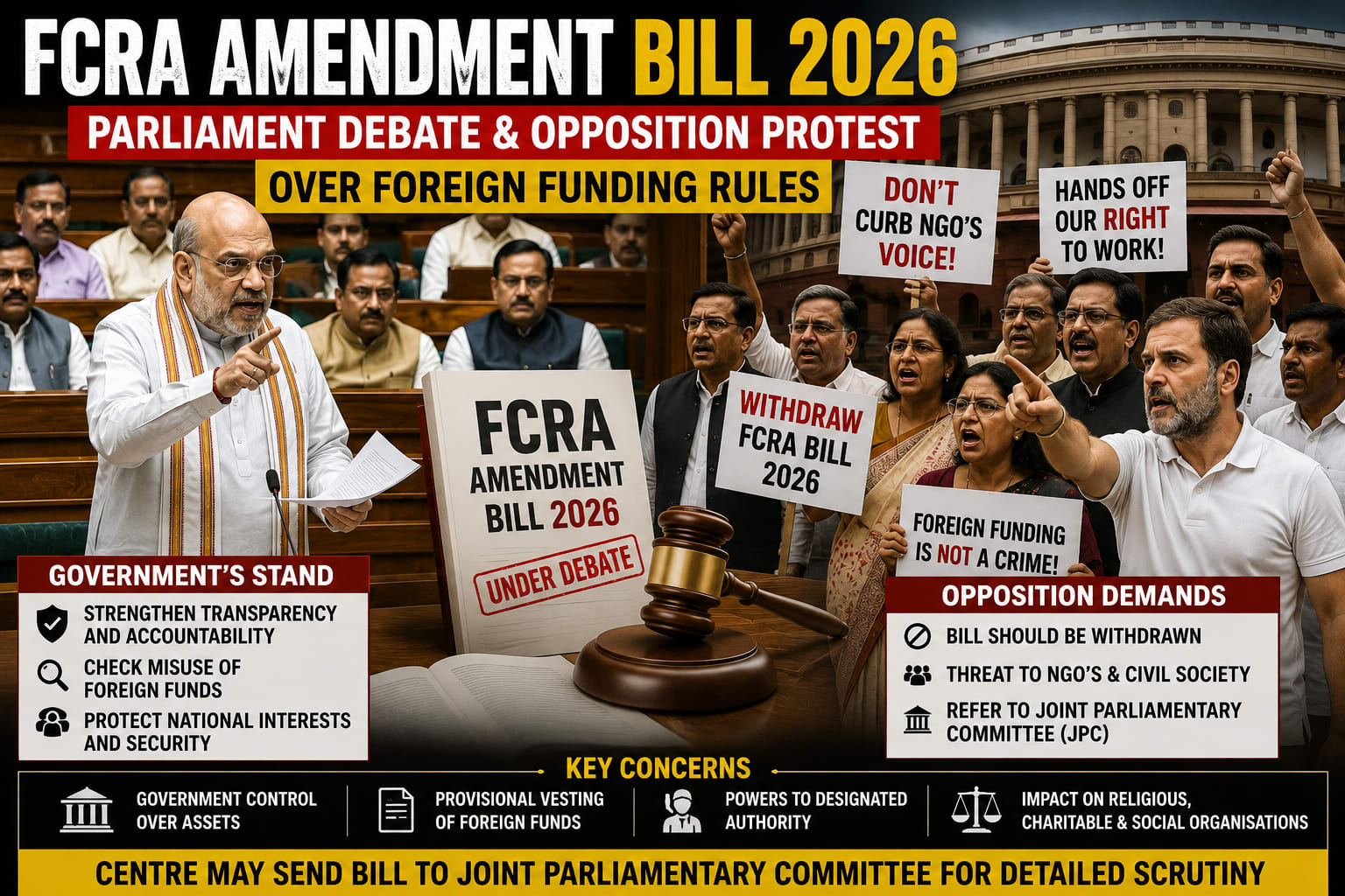 FCRA Amendment Bill 2026 Parliament debate and Opposition protest over foreign funding rules
