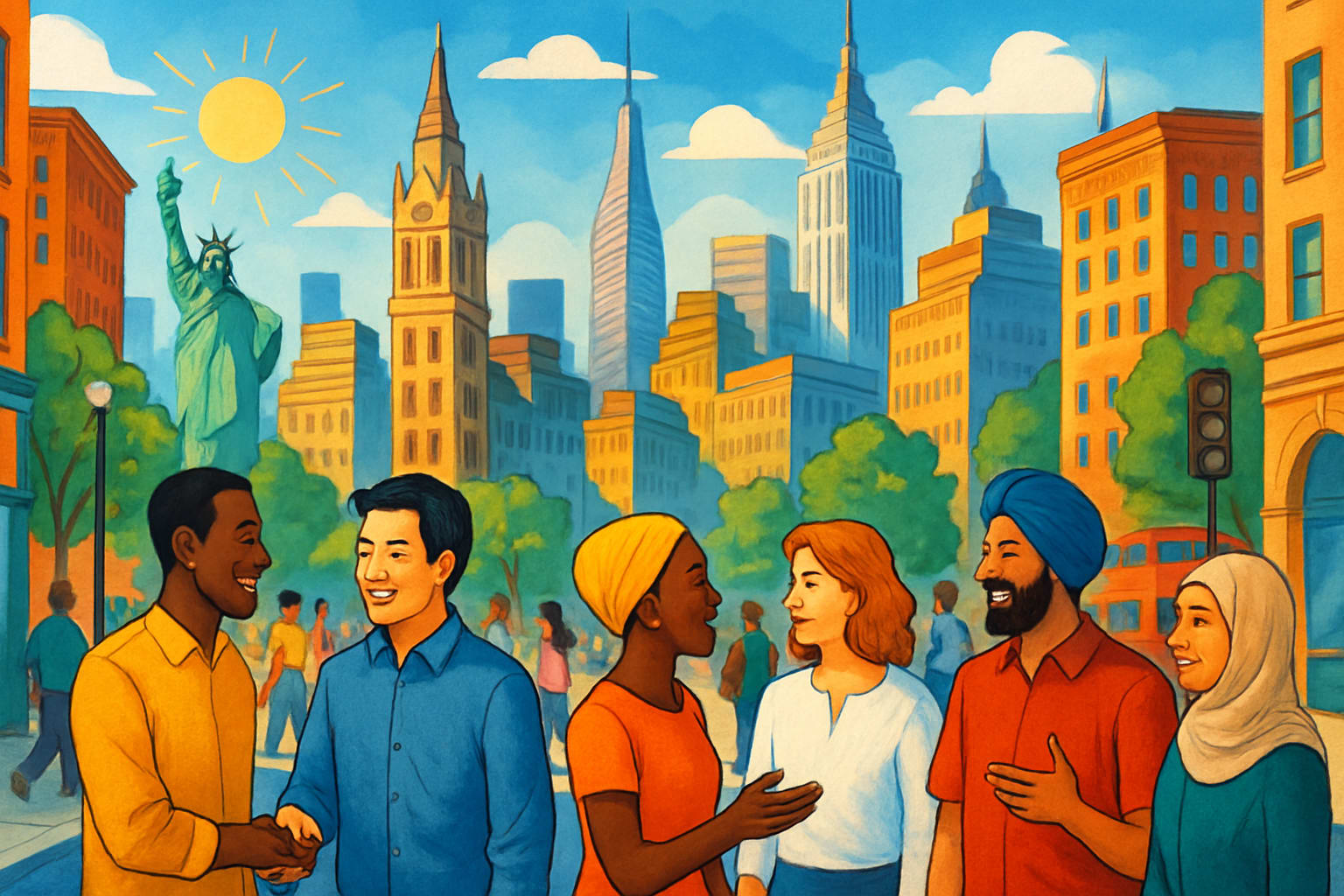 A scenic view of a multicultural city with diverse people interacting