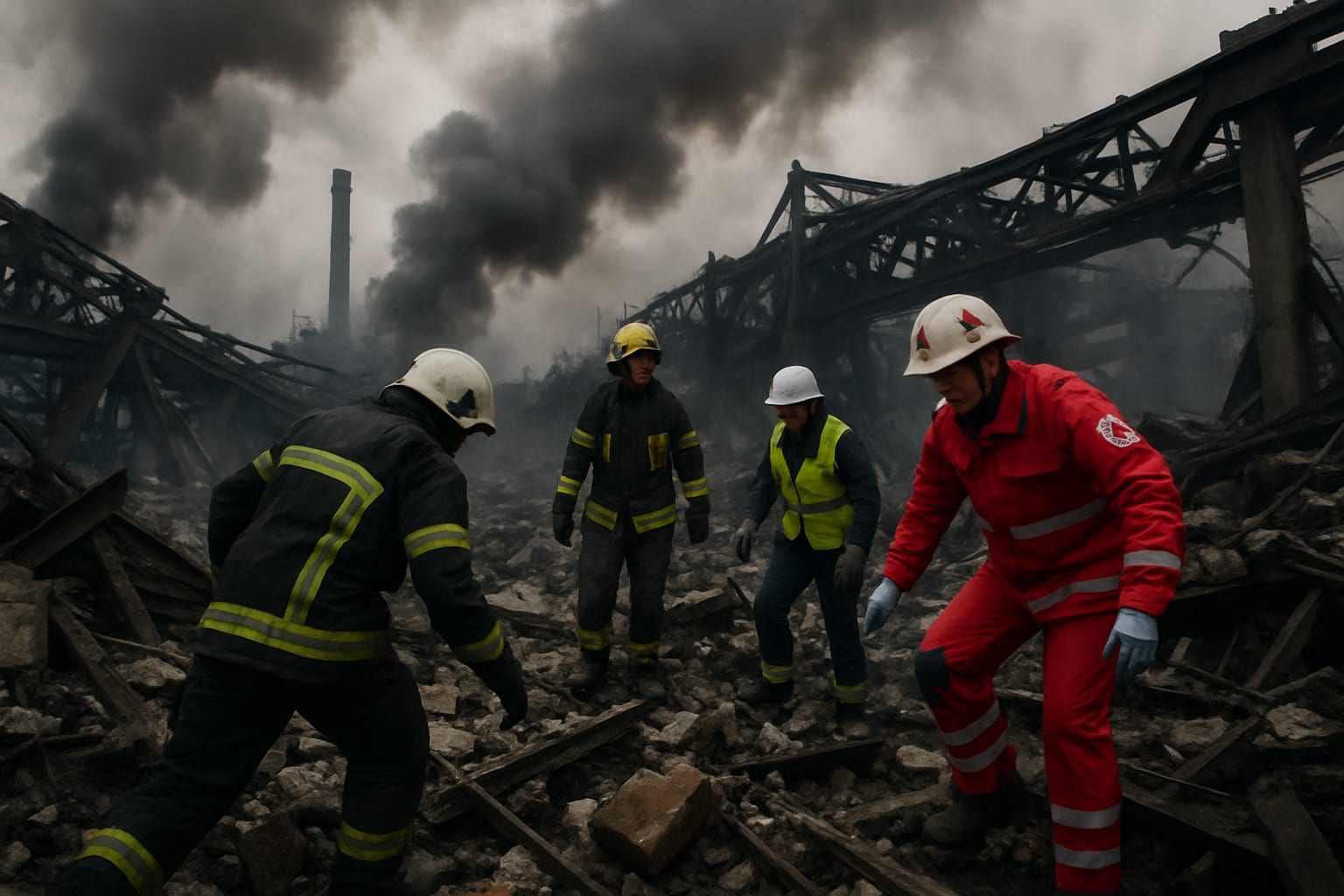 Emergency responders at the site of the ArcelorMittal steel plant after a missile strike in Ukraine.