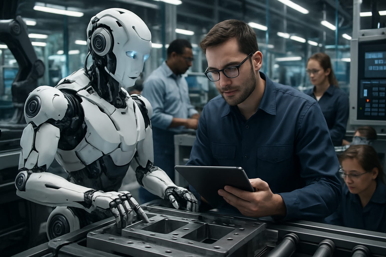 A robot assisting in a modern manufacturing facility.