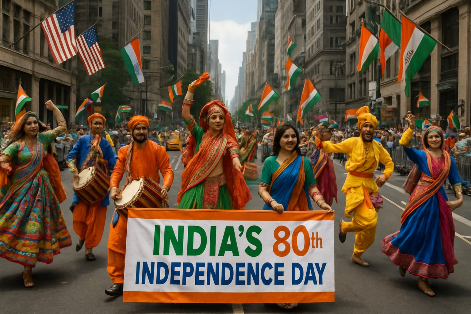 Colorful parade celebrating India's 80th Independence Day in New York City.