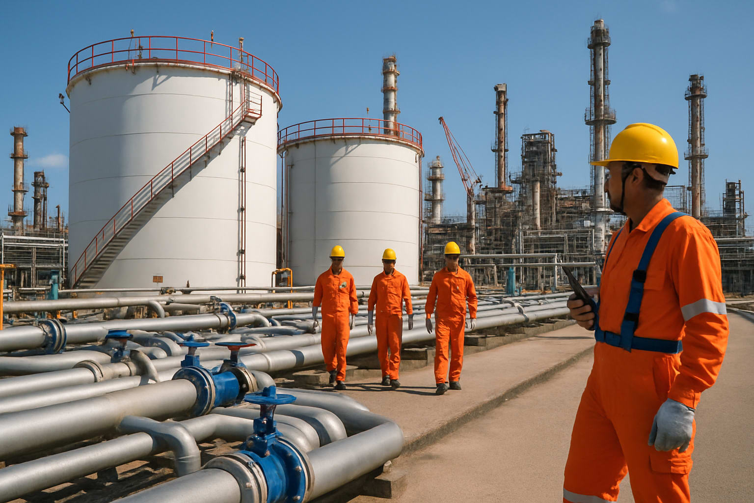 Refinery workers monitoring gas production in India.