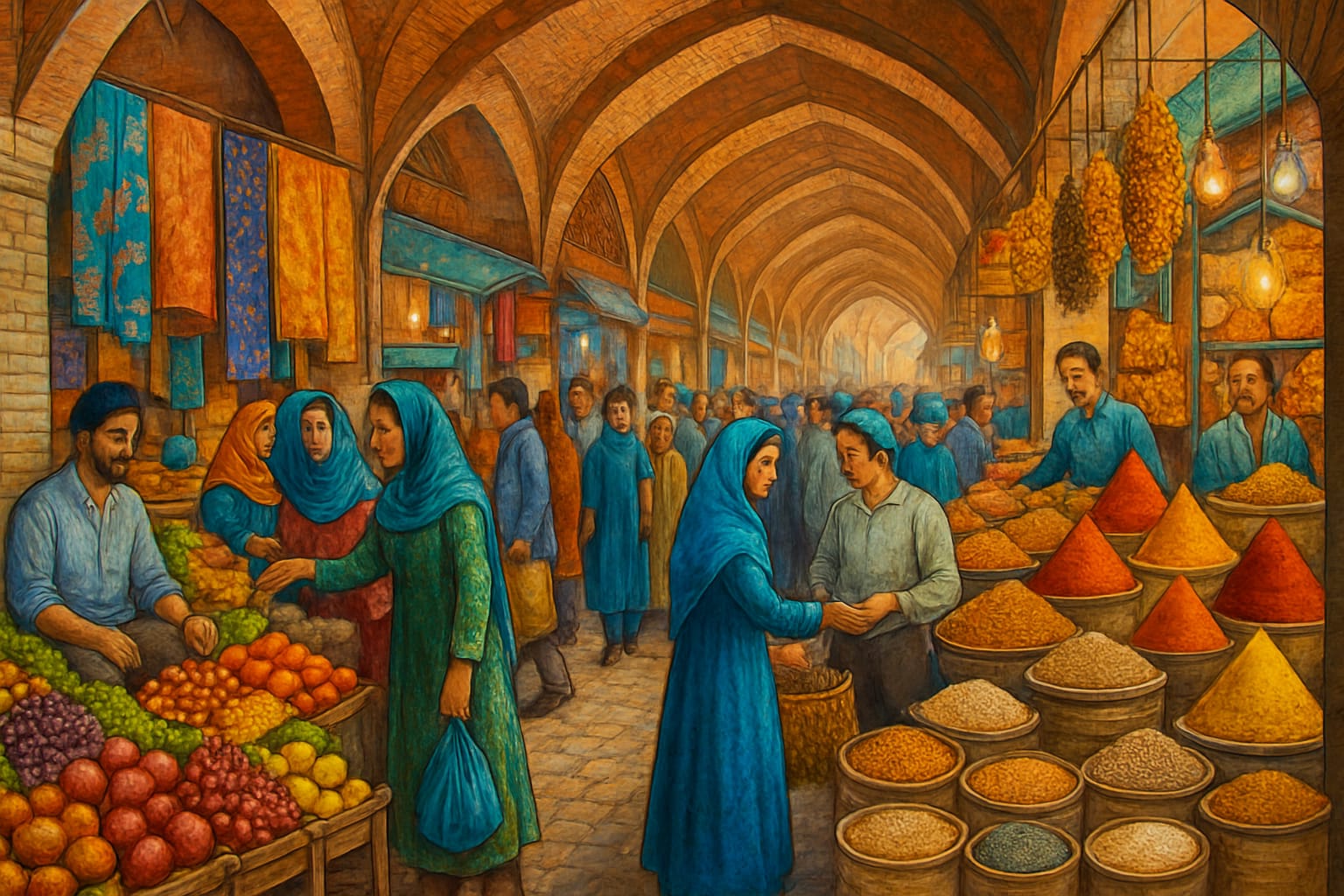 A bustling market scene in Iran showcasing economic activity.