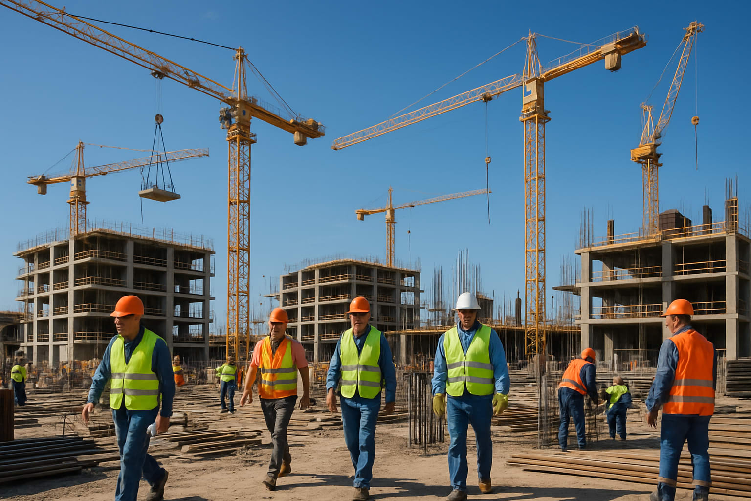 Construction site with cranes and workers in action