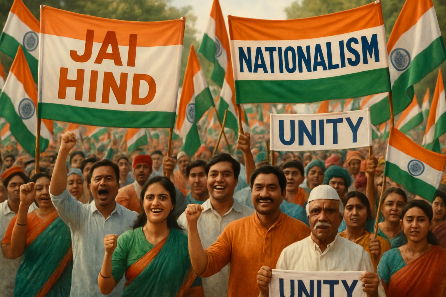 A political rally with flags and banners symbolizing nationalism in India.